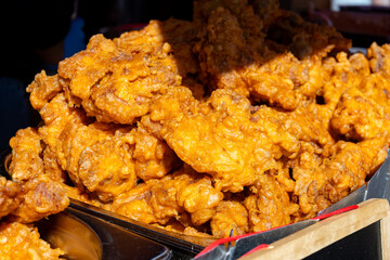 Korean food, asian fast food, fermented chicken pieces deep fried in oil