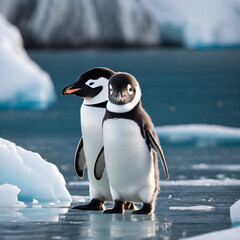 cute couple of penguins on an ice floe in the ocean