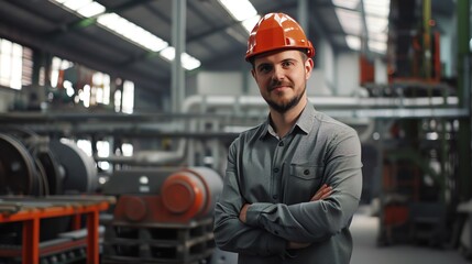 Portrait of a confident male engineer wearing a hard hat and safety glasses, standing in a modern industrial facility.