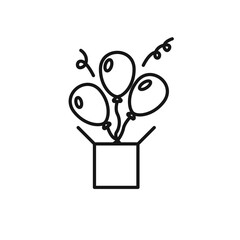 Balloons with gift vector icon. Holiday logo. Vector icon of confetti with box vector. Gift box icon. Balloons and gift in linear outline style.