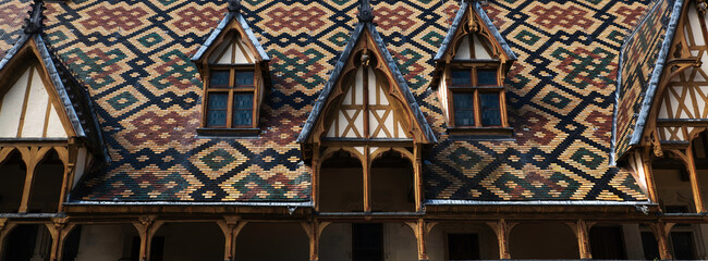 A panorama of the roofs of the hospices of Beaune, France