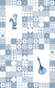 Seamless pattern with azulejo traditional portuguese ornament and simbols in watercolor.Square ceramic tiles in monochrome blue colors. For textiles,towels,napkins,aprons,on wallpaper,packaging,cards