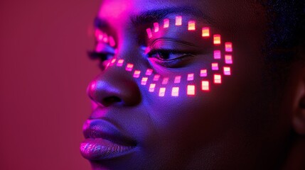 Young man on abstract digital content background, person silhouette against social media pattern