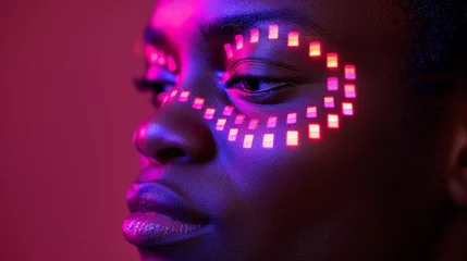 Young man on abstract digital content background, person silhouette against social media pattern © anwel