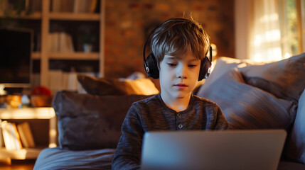 A little boy using laptop with headphones communicating with teacher during online lesson at home. E-learning, Technology, Education