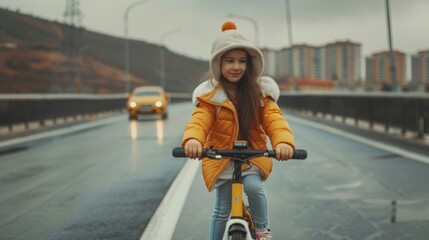 Naklejka premium Accident. Small girl on the scooter ride and crosses the road in front of a car