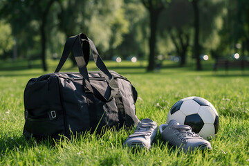 Obraz premium Sport bag with pair of shoes and soccer ball on green grass