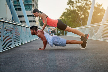 Couple, bridge and balance on back for fitness or daily exercise for training, pushup and workout...