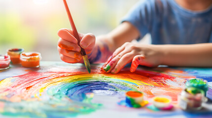 Naklejka premium A child drawing rainbow paint on paper, Creative kid playing and studying, Education, Learning, Knowledge, Creative 