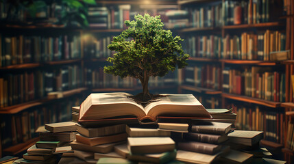 The tree on stack piles of book in library, An open book with tree growing. Education, Knowledge