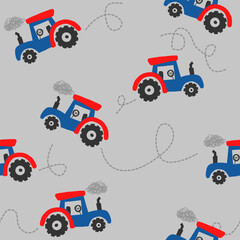 Seamless pattern with tractor on gray background . Background for blue tractor for pajama, stationery, textile, fabric, t-shirt and other designs.