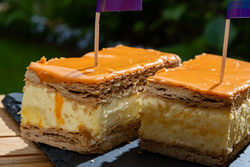 Celebration of the King birthday in Netherlands, tompoes or tompouce, iconic pastry in Netherlands...