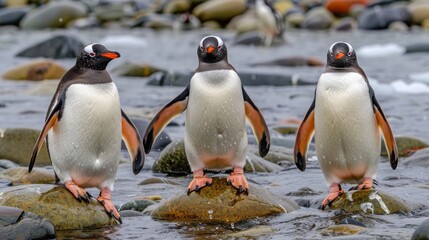 Fototapeta premium Gentoo penguins stand on rocks in Antarctic Peninsula. High quality photo