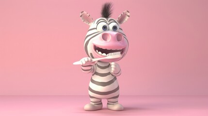 3D cute zebra brushing teeth, Cartoon animal character, 3D rendering.