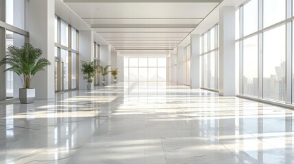 Blank expansive hall in a corporate building, featuring a simple design with a focus on openness and versatility