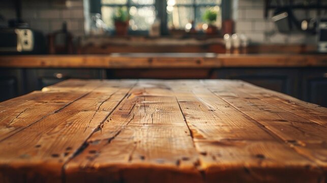 Bare wooden table in a culinary school kitchen, perfect for culinary utensils and gourmet food product ads