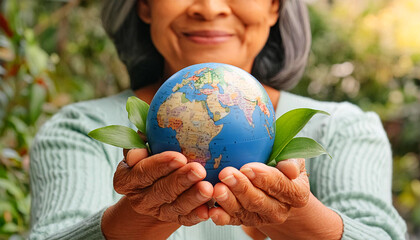 woman holding globe . hands holding earth. hand Holding Earth With Green leaves , Save Earth ....