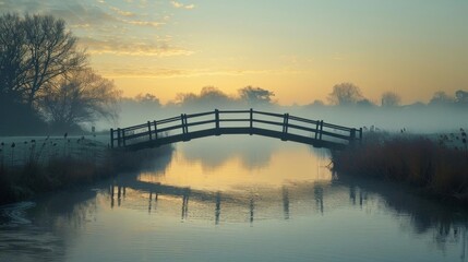 Vacant bridge over a calm river during sunrise, offering a peaceful and scenic view