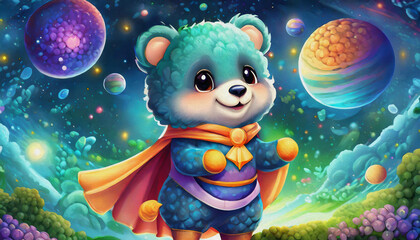 Fototapeta premium oil painting style CARTOON CHARACTER CUTE baby bear super hero, space and planets with cosmos star galaxy dust
