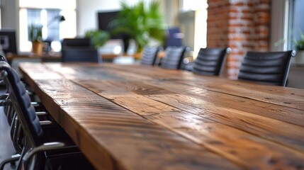 Sleek wooden table in a tech startup office, with plenty of room for gadgets and tech product placements