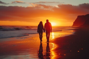 Fototapeta premium Couple walking hand in hand along the beach, each set against vibrant and picturesque sunset backdrops