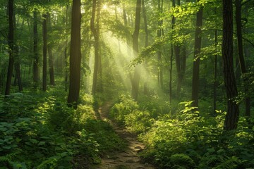 Obraz premium Ethereal early morning view of a fog-covered lake surrounded by dense forest and light filtering through the trees, creating a serene atmosphere.