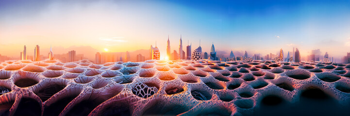 hybrid modular floor surface architecture structure with organic bioclimatic pattern in sunset and cityscape in background