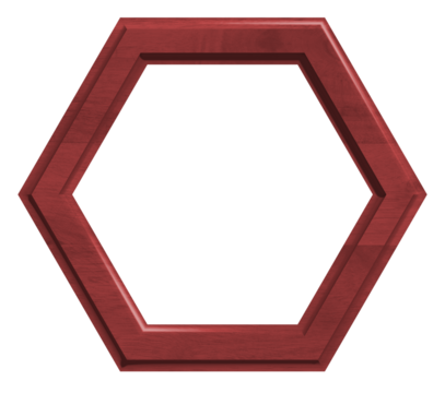 Hexagonal red wooden frame on isolated background, wall frame for photos and paintings