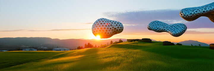 flying architecture ship in the sky with sunset in a natural environment