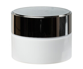 White plastic jar with cosmetic cream, plastic lid.
