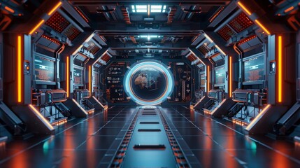 Scifi themed podium in a space station setting, suitable for hightech gadgets and futuristic device launches