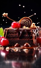 Decadent chocolate cake topped with luscious cherries, drizzled with rich chocolate sauce. For creating recipes on culinary websites, blogs, promoting food products on social media platforms.