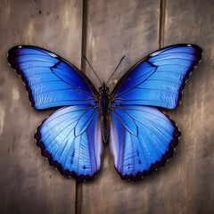 Mariposa Azul sobe fondo madera 