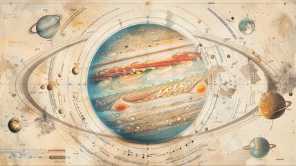 Illustration highlighting the retrograde periods of various planets throughout the year, using a circular timeline with a vintage astronomical map style, detailed with retrograde paths and dates