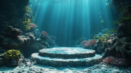 Oceanic podium in an underwater themed backdrop, ideal for marine products and water sports equipment