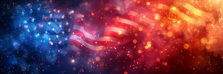 American flag on a background of fireworks and bokeh. Symbol of American powerful patriotism.