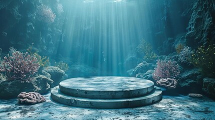 Oceanic podium in an underwater themed backdrop, ideal for marine products and water sports equipment
