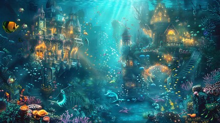 Fototapeta na wymiar a digital drawing of a fantastical underwater kingdom inhabited by mermaids and sea creatures