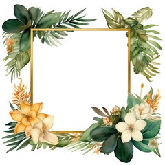 Botanical Floral Frame with Tropical Leaves and Flowers