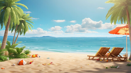Littered beach scene with two chairs amidst scattered items under palm trees overlooking the ocean