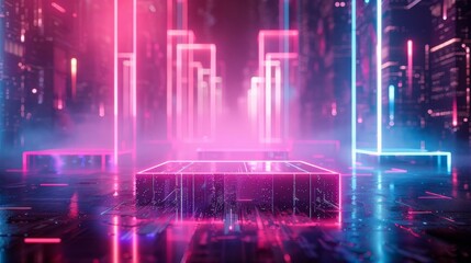 Holographic podium in a cyberpunk environment, perfect for virtual reality products and digital services