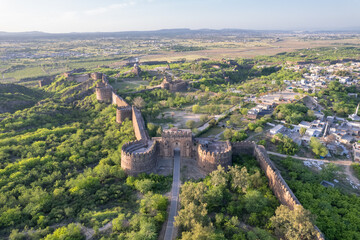 Aerial view, drone shot of the historical monument Rohtas fort Punjab Pakistan.