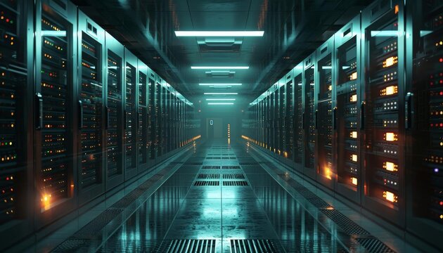 Hightech server room visualization, suitable for data center promotional materials or tech education workshops