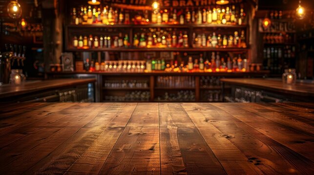 High wooden bar table in a nightclub, with a clean top perfect for drink and nightlife related advertising