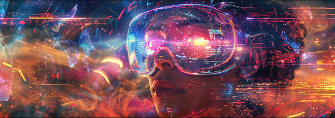 Young woman uses VR glasses on abstract dark panoramic background, portrait of girl wearing futuristic headset and fire. Theme of technology, virtual reality, future, art