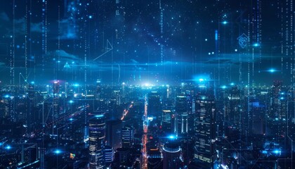 Obraz premium Futuristic cityscape with digital overlays, ideal for AIthemed presentations or futuristic game settings