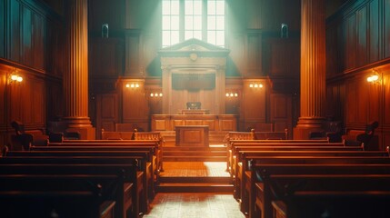 Empty courtroom with a judges bench and witness stand, symbolizing justice and law - obrazy, fototapety, plakaty