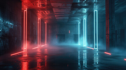 Modern dark garage with neon light, abstract industrial room background. Theme of warehouse, factory, interior, technology