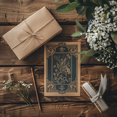 Vintage-inspired book and floral on a wooden table