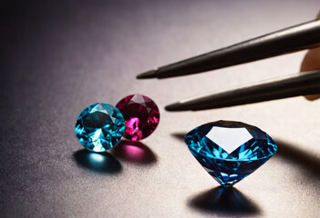 Three distinct diamonds in various colors are positioned beside a pair of scissors